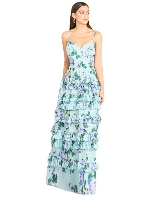 Ruffle Skirt Printed Gown with Spaghetti Straps