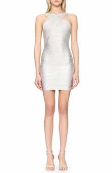 Herve Leger Crisscross Metallic Foil Bandage Minidress