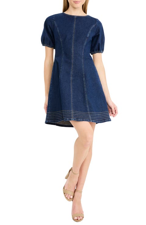 Seamed Puff Sleeve Cotton Blend Denim Minidress