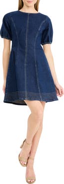 Maggy London Seamed Puff Sleeve Cotton Blend Denim Minidress