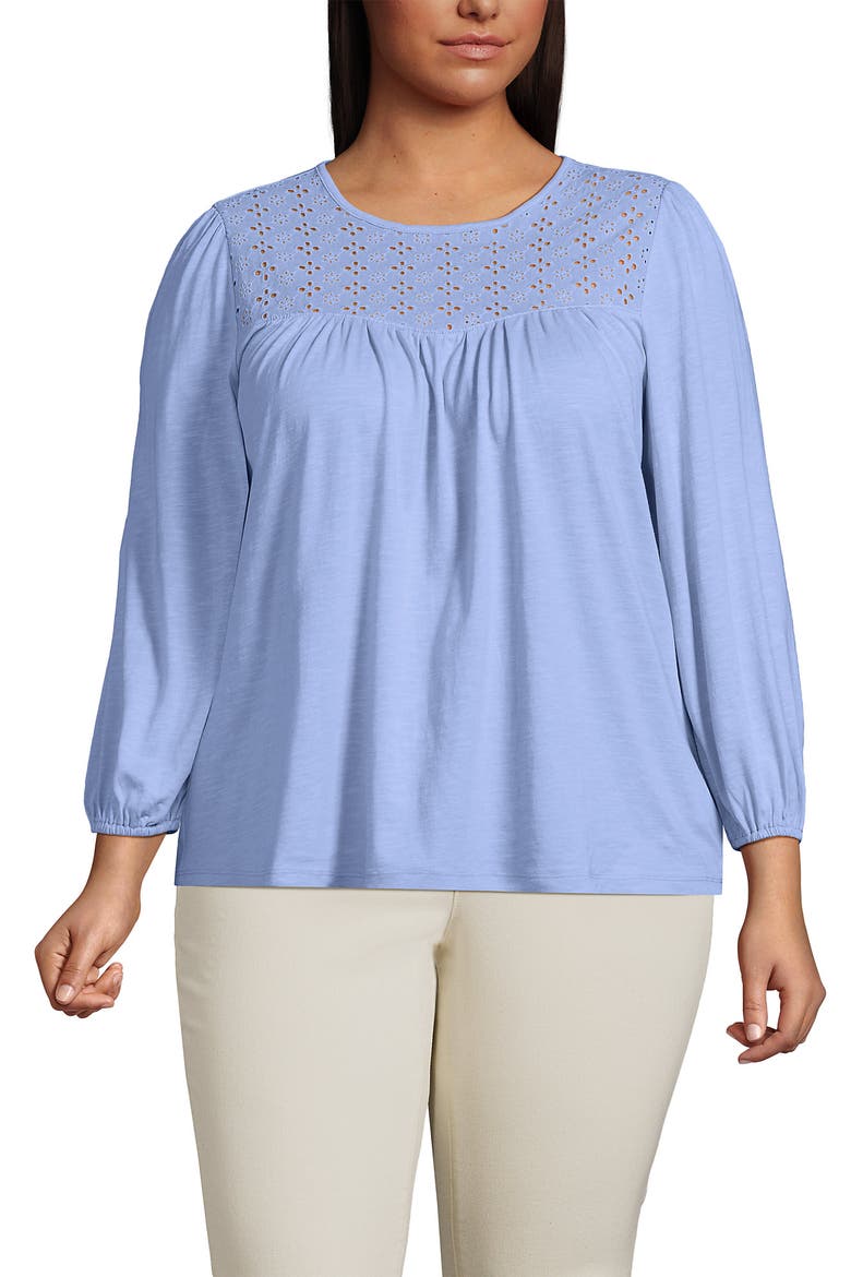 3/4 Sleeve Eyelet Mix Flowy Top, Main, color, Light Sea Blue