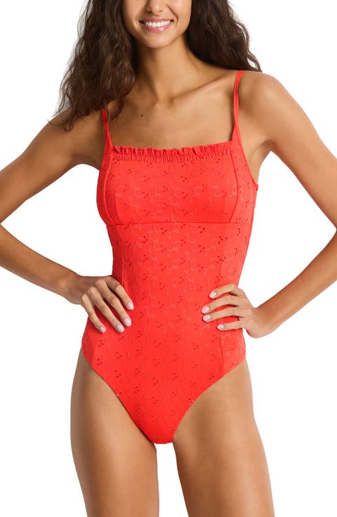 Frill Square Neck Eyelet One-Piece Swimsuit
