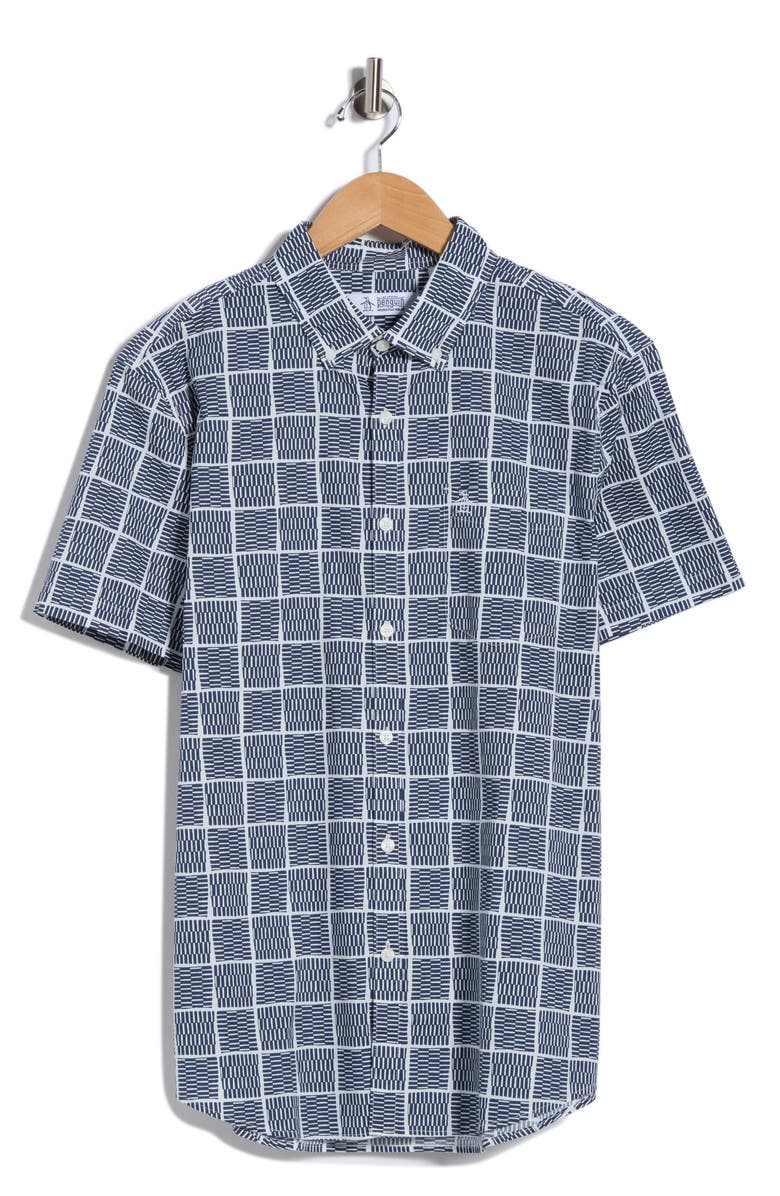 Original Penguin Tiles Print Stretch Cotton Button-Down Shirt, Main, color, Sargasso Sea