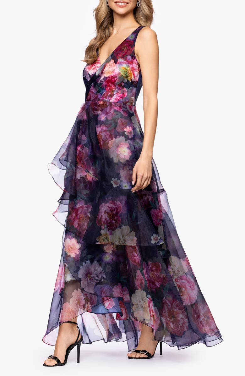 Betsy & Adam Floral Organza Gown, Alternate, color, Navy/ Multi