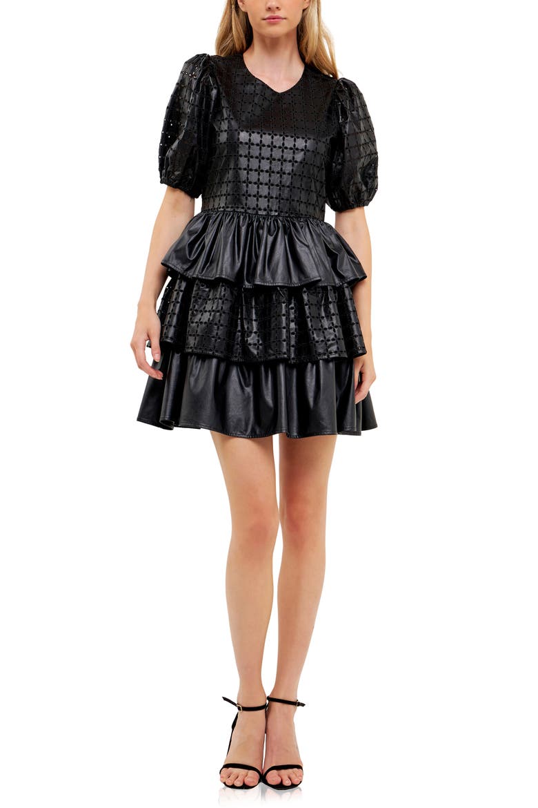 Eyelet Tiered Faux Leather Minidress, Main, color, BLACK