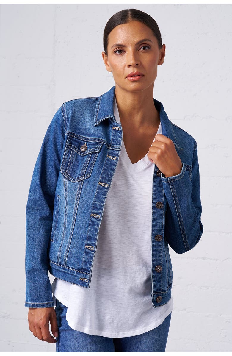 Franne Golde Classic Stretch Denim Jacket, Main, color, Classic Wash