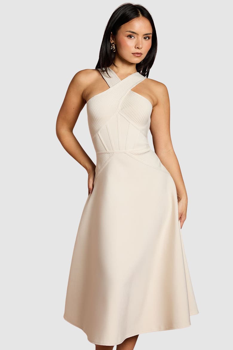 Petite Bandage Cross Neck Midi Dress, Alternate, color, Stone
