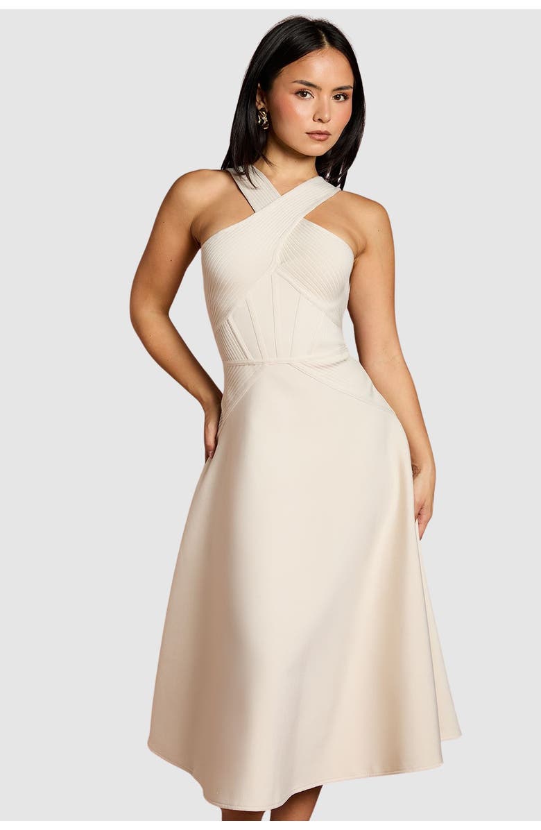 Coast Petite Bandage Cross Neck Midi Dress, Alternate, color, Stone