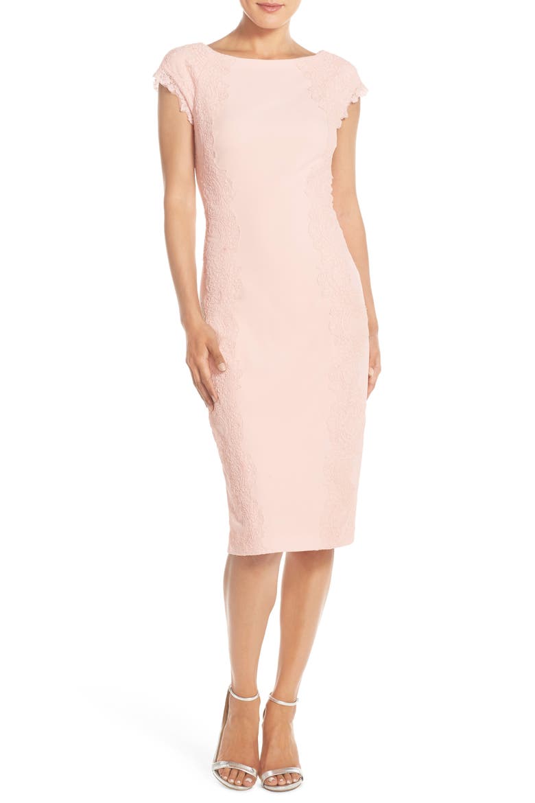 Lace Detail Crepe Sheath Dress, Alternate, color, BLUSH