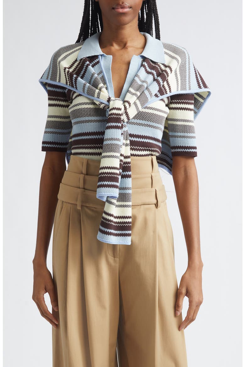 Stripe Jacquard Polo Sweater with Shoulder Wrap, Main, color, BLUE MULTI