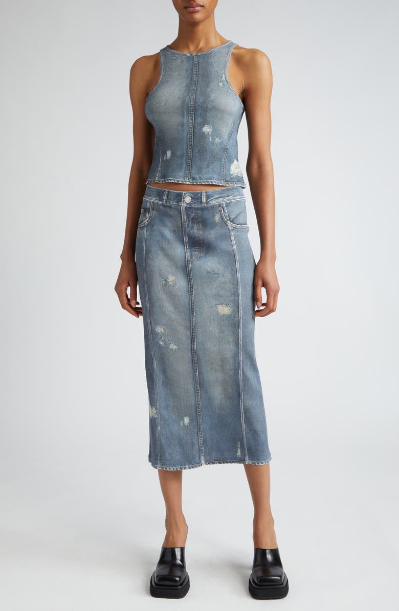 Acne Studios Etty Denim Trompe l'Oeil Cotton Midi Skirt, Alternate, color,