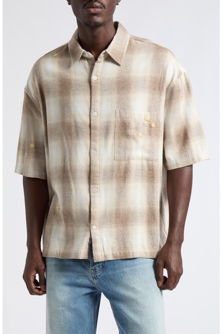 Oversize Floral Embroidered Plaid Short Sleeve Cotton Flannel Button-Up Shirt, Main, color, SAND