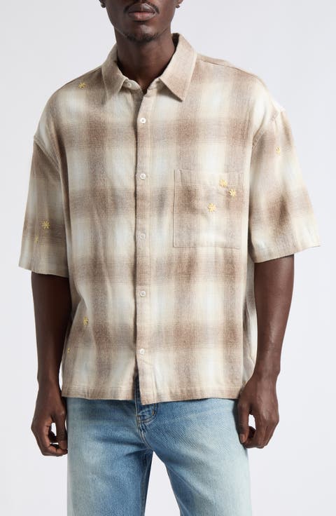 Oversize Floral Embroidered Plaid Short Sleeve Cotton Flannel Button-Up Shirt
