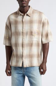 NAHMIAS Oversize Floral Embroidered Plaid Short Sleeve Cotton Flannel Button-Up Shirt