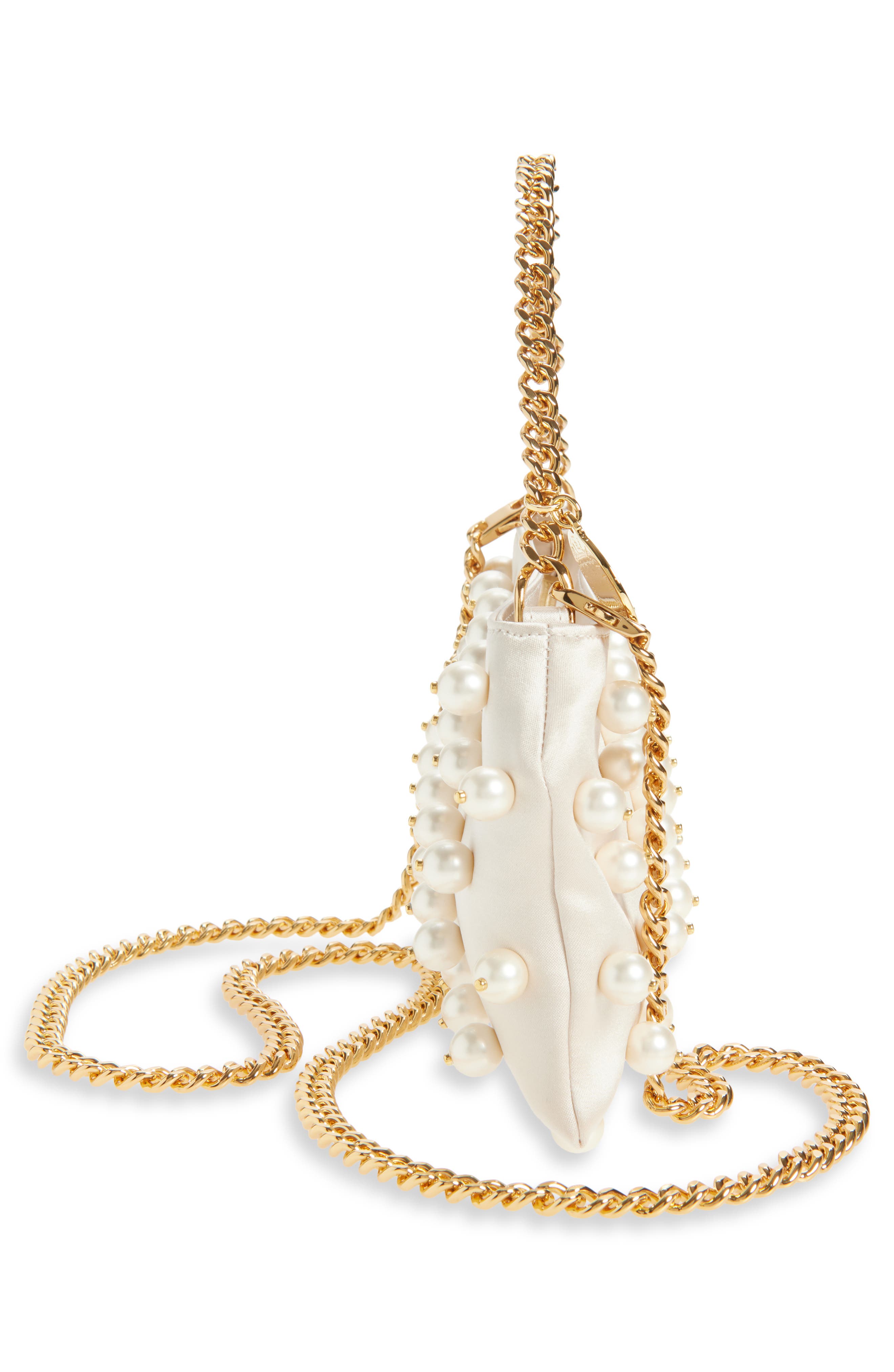 Stella McCartney Mini Falabella Pearly Bead Embellished Satin Evening Bag, Alternate, color, Pure White