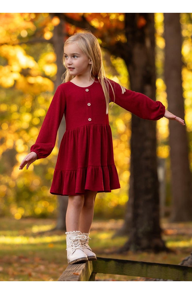 Mabel + Honey Mabel and Honey Rosie Dress - Red Ribbed Long-Sleeve Girls' Dress with Wooden Buttons., Alternate, color, Red