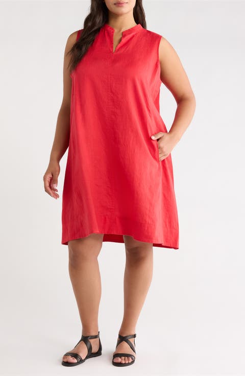 Split Neck Organic Linen Shift Dress (Plus)