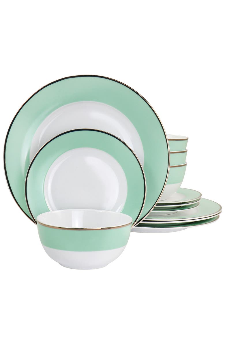 Gold Rimmed 12 piece Fine Ceramic Dinnerware Set, Main, color, Mint