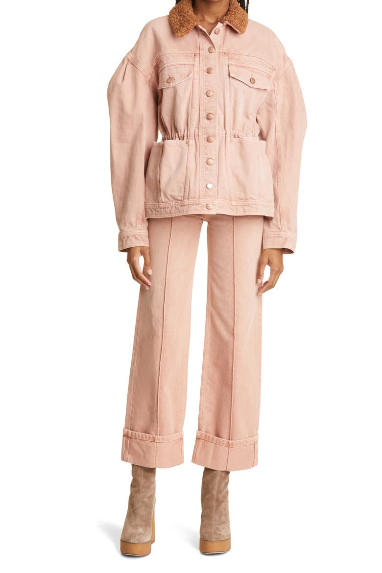 Odette Blouson Sleeve Denim Jacket with Faux Fur Collar, Alternate, color, ROSEWOOD WASH