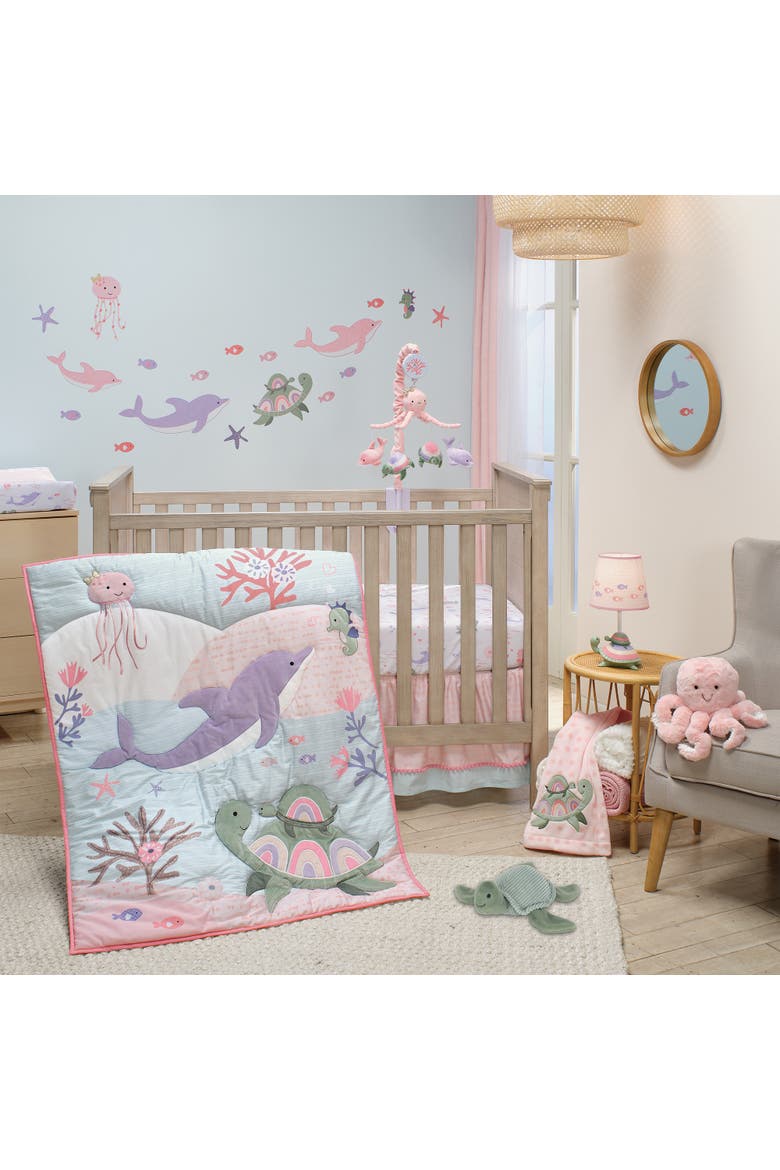 Sea Dreams 3-Piece Dolphin/Turtle Nautical Baby Crib Bedding Set, Alternate, color, Pink Multicolor