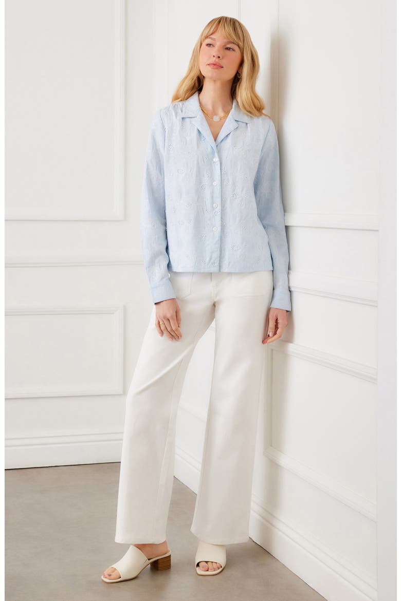Embellished Button-Up Shirt, Alternate, color, OFF WHITE/BLUE