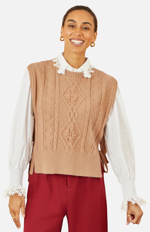 Yumi Floral Cable Knit Side Tie Pullover In Brown