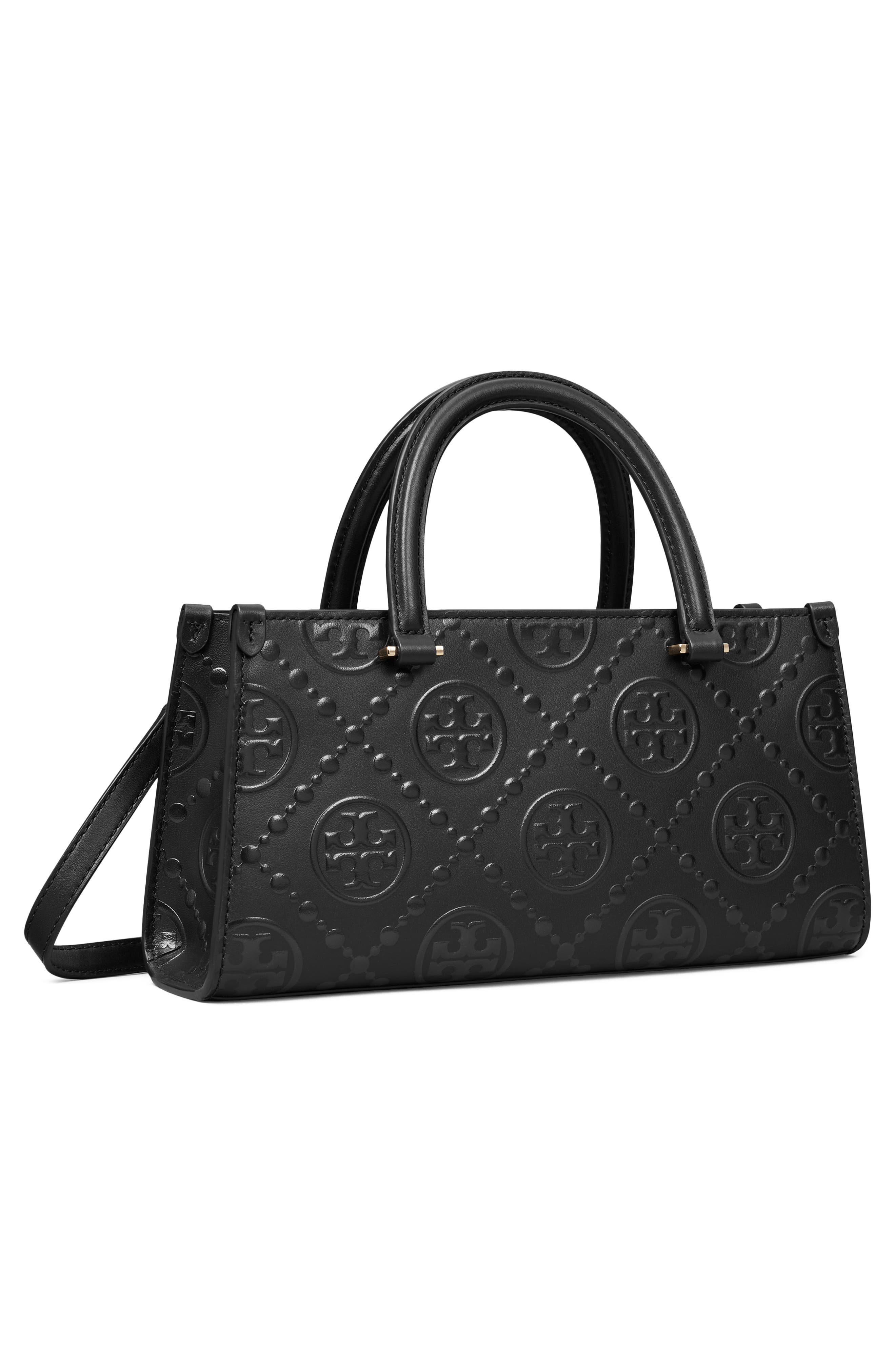 Tory Burch Small T Monogram Embossed Leather Tote, Alternate, color, Black