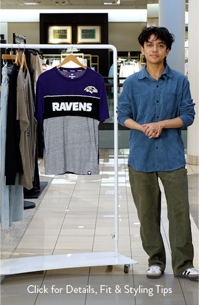 Men's Fanatics Branded Purple/Heathered Gray Baltimore Ravens Colorblock T-Shirt, sales video thumbnail