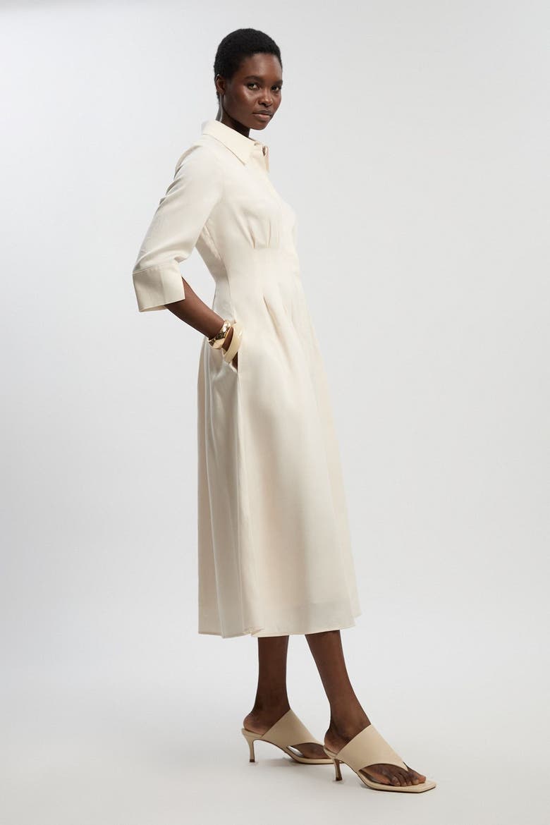 Tailored Linen Darted Waist Midi Dress, Alternate, color, Ivory