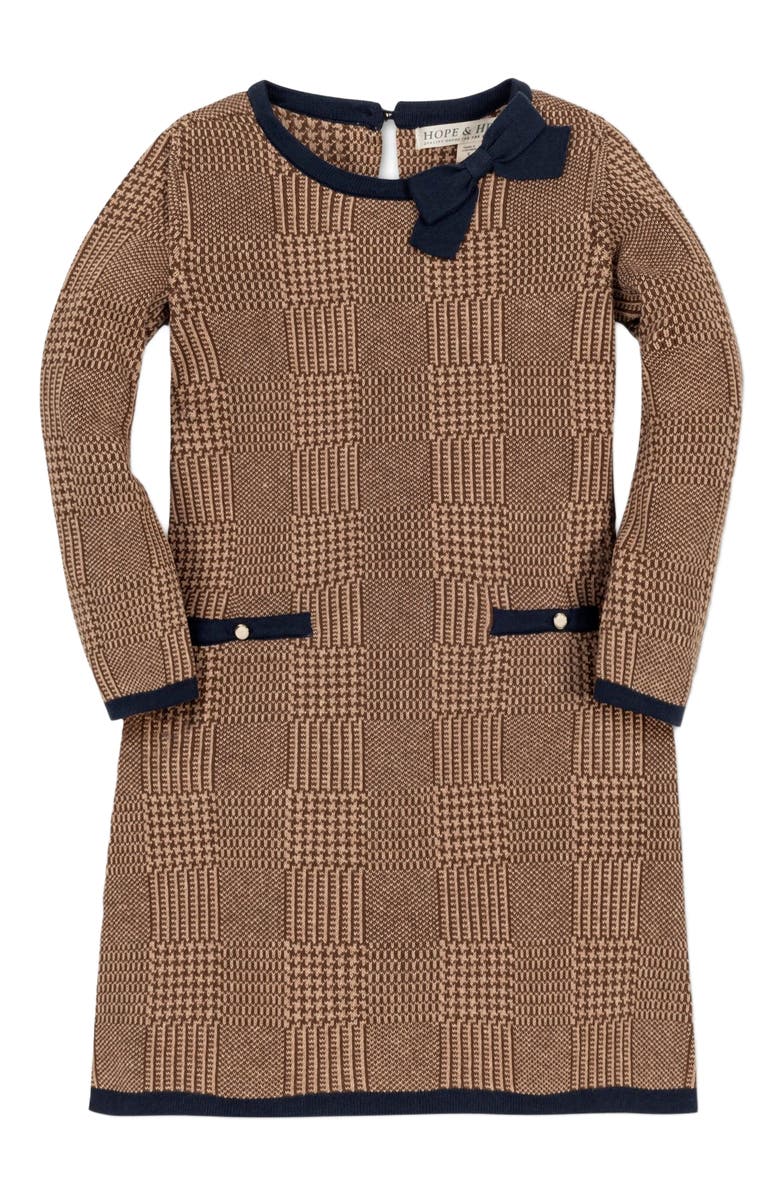 Hope & Henry Girls' Organic Bow Sweater Dress, Toddler, Main, color, Brown Glen Plaid Intarsia