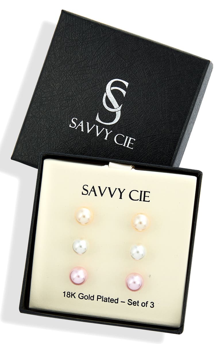 SAVVY CIE JEWELS Set of 3 Mother-of-Pearl Stud Earrings, Main, color, White