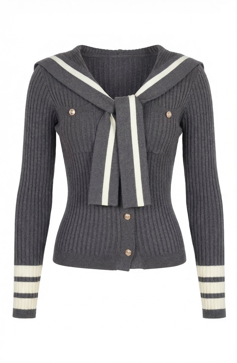 Modenaire Ribbed Knit Cardigan with Sailor Collar and Contrast Trim, Alternate, color, Charcoal Gray