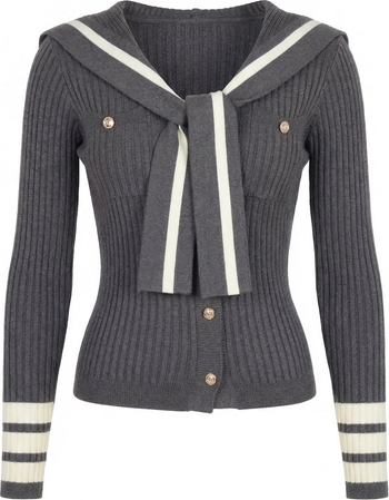 Modenaire Ribbed Knit Cardigan with Sailor Collar and Contrast