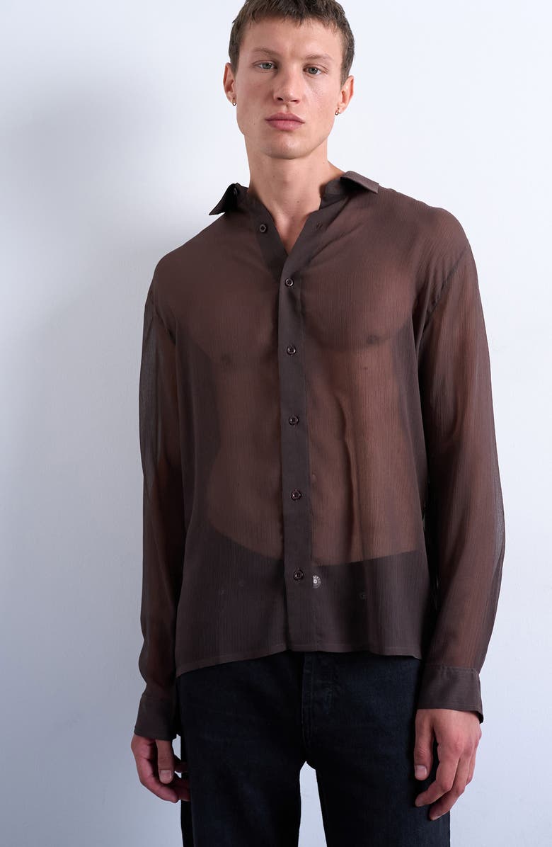 Topman Crinkle Texture Sheer Button-Up Shirt, Main, color, Brown