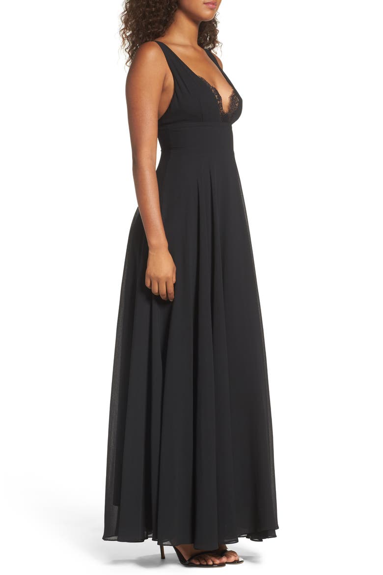 Lace Trim Chiffon Maxi Dress, Alternate, color, BLACK