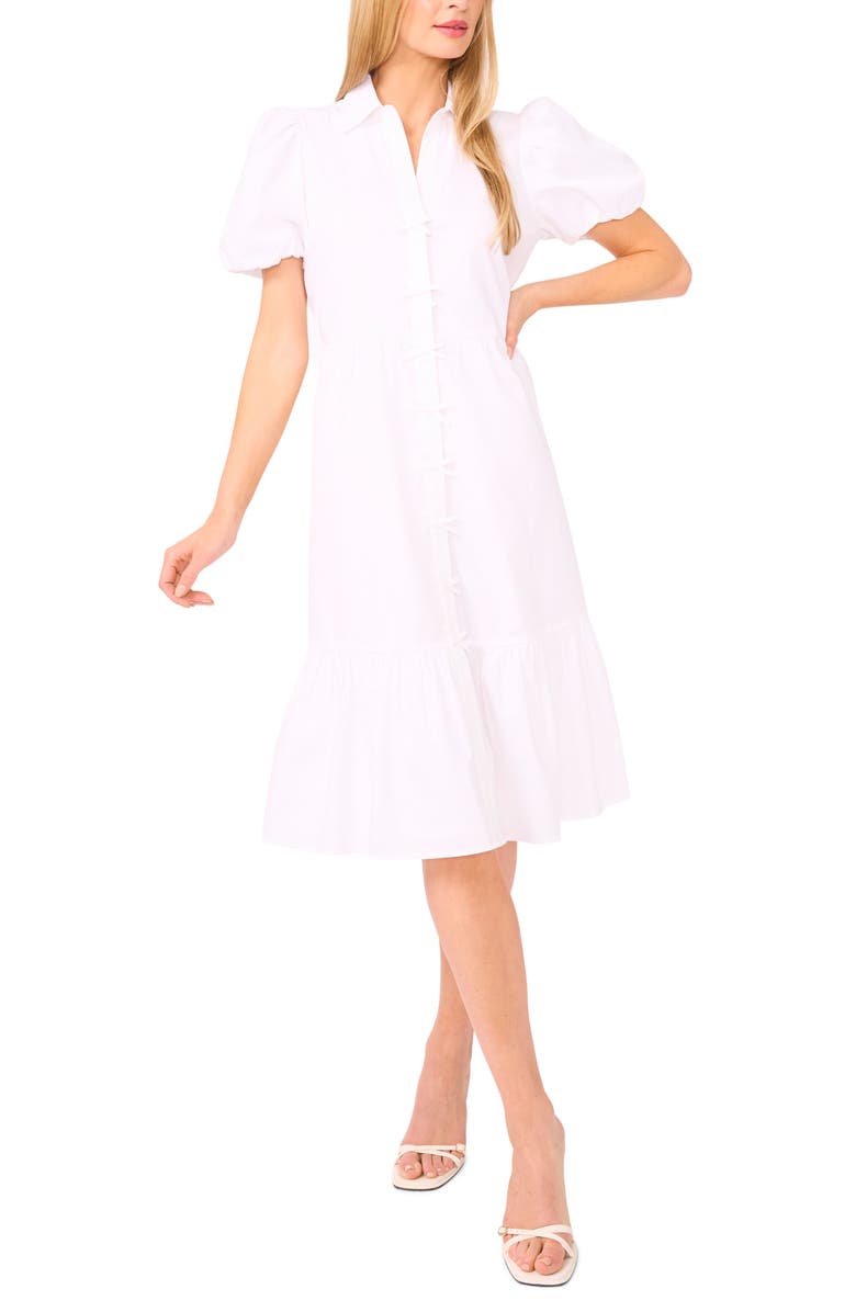 CeCe Puff Sleeve Bow Dress, Main, color, Ultra White