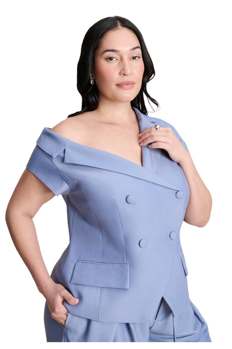 Asym Neckline Short Sleeve Blazer, Alternate, color, DUSTY BLUE