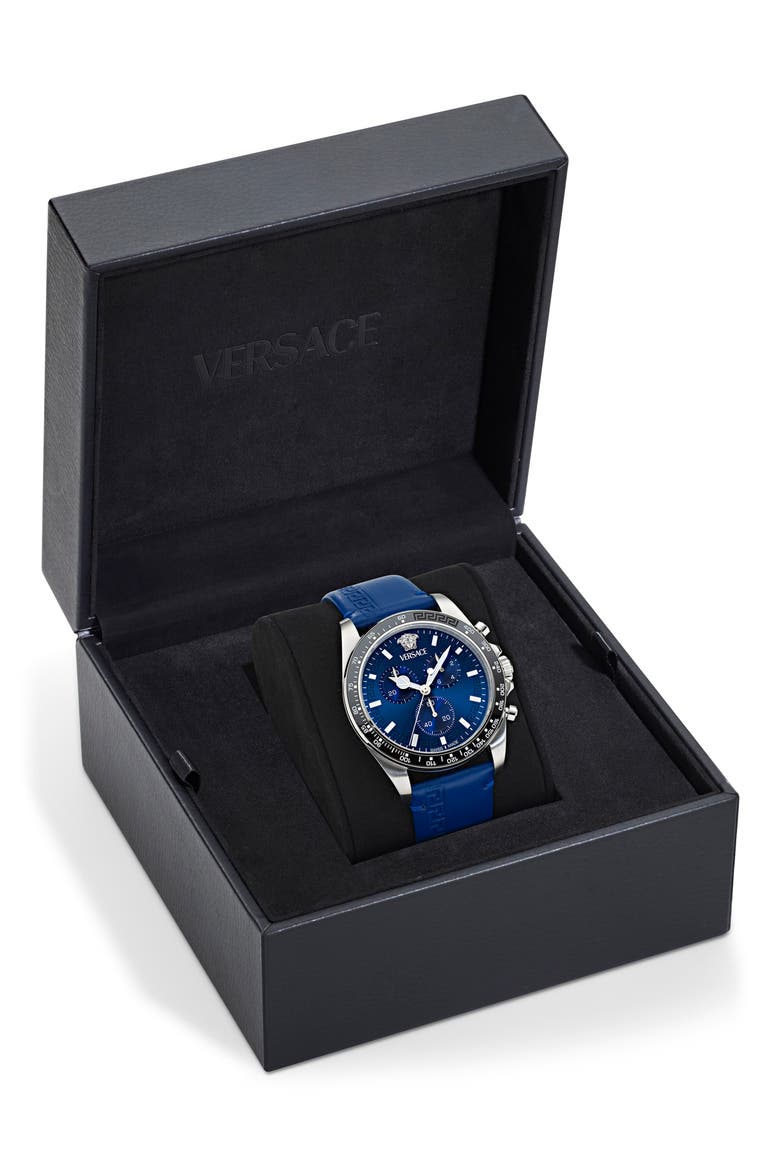 Greca Chronograph Leather Strap Watch, 43mm, Alternate, color, BLUE/ STAINLESS STEEL