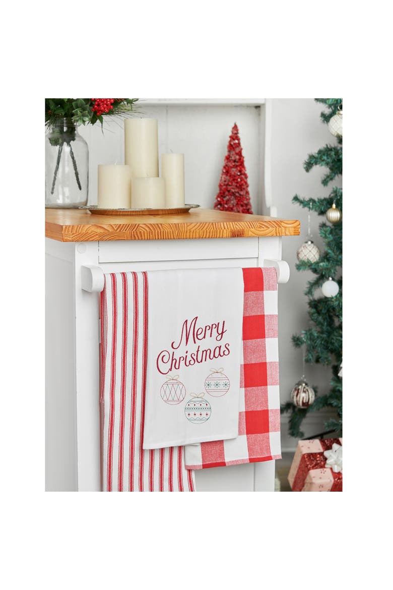 Retro "Merry Christmas" Sentiment with 3 Ornaments Holiday Embroidered Flour Sack Kitchen Towel 27L x 18W in., Alternate, color, White