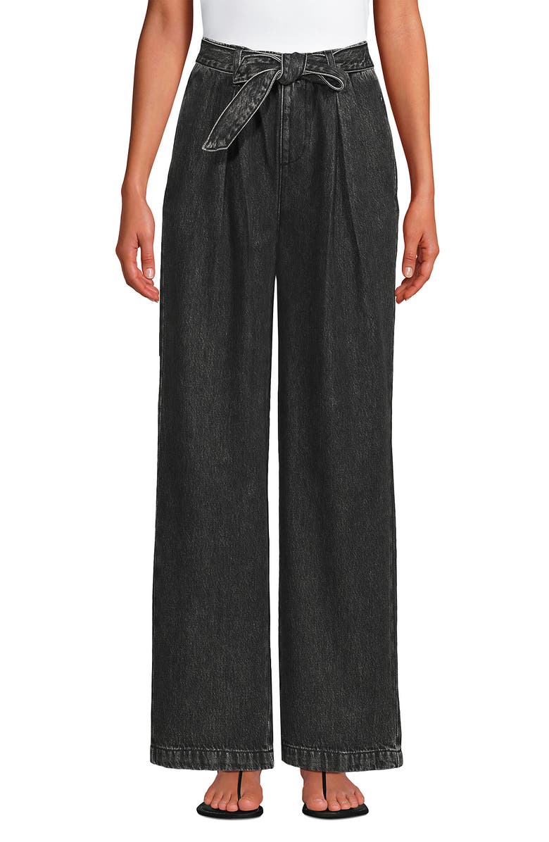 Lands' End High Ridge Twill Pull On Pleated Wide Leg Pants, Alternate, color, Black Stone Wash