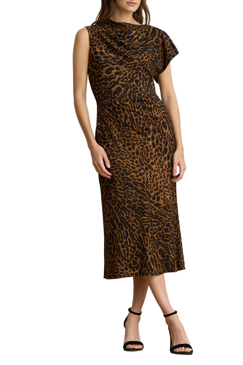 Ocelot Print Crêpe de Chine Midi Dress, Main, color, BEIGE