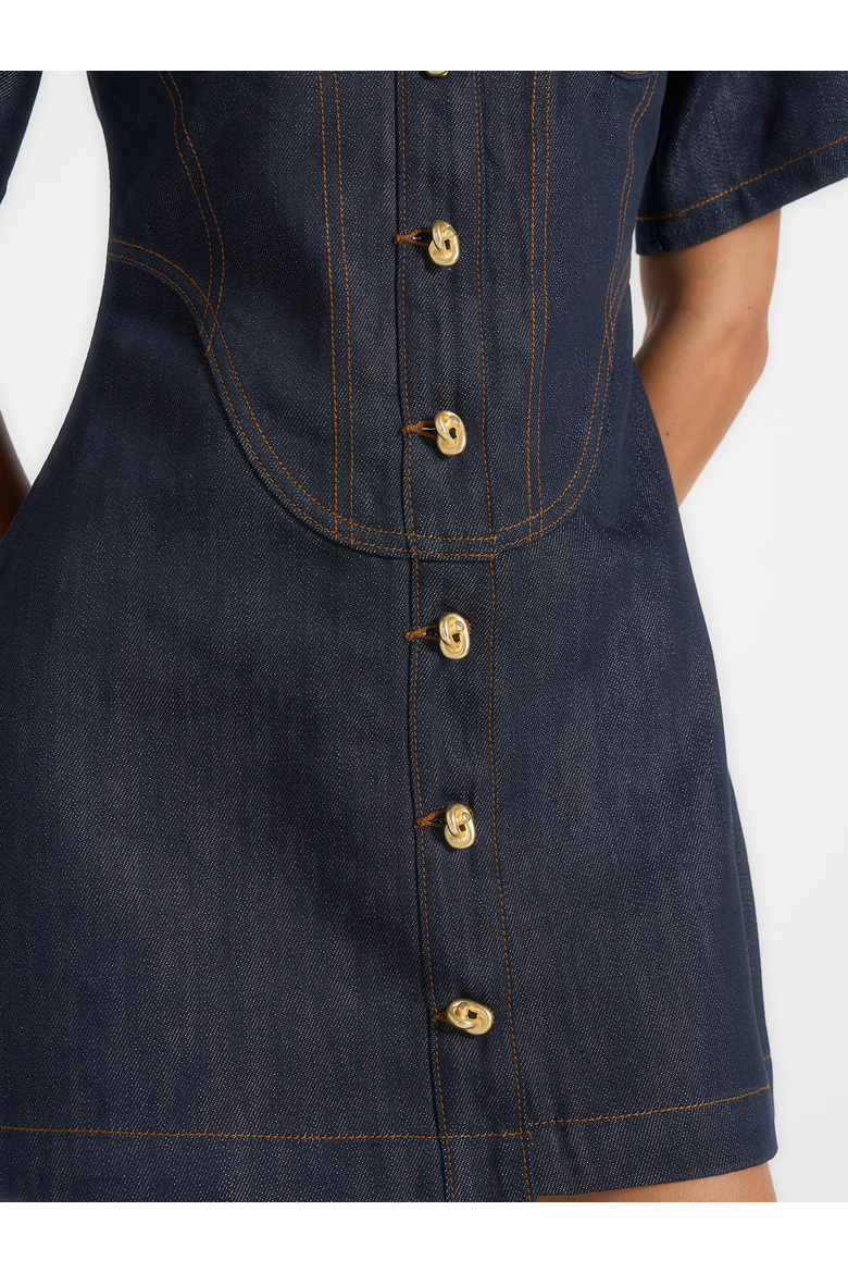 Mathilde Corset Contrast Stitch Denim Dress, Alternate, color, Indigo
