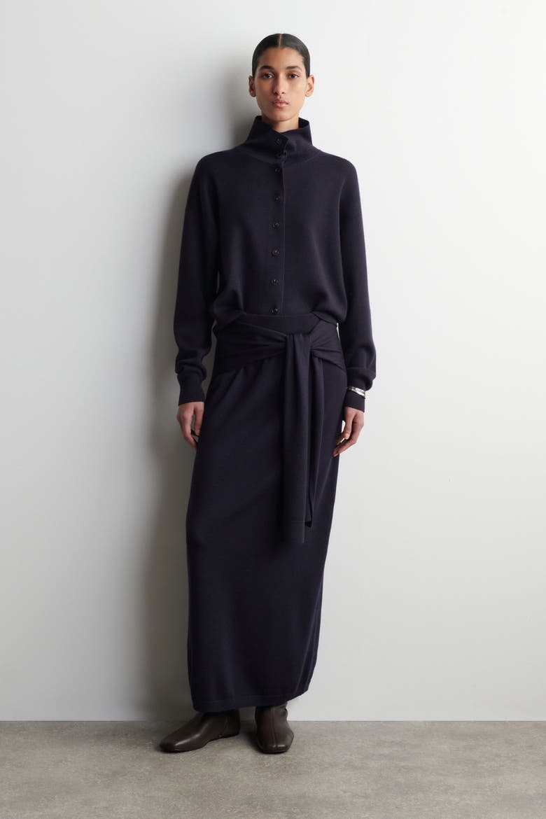 Tie-Waist Merino Wool Midi Skirt, Main, color, NAVY