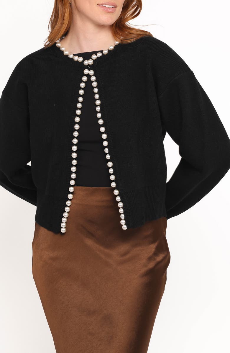 Petal & Pup Bloom Faux Pearl Trim Cardigan, Main, color, Black