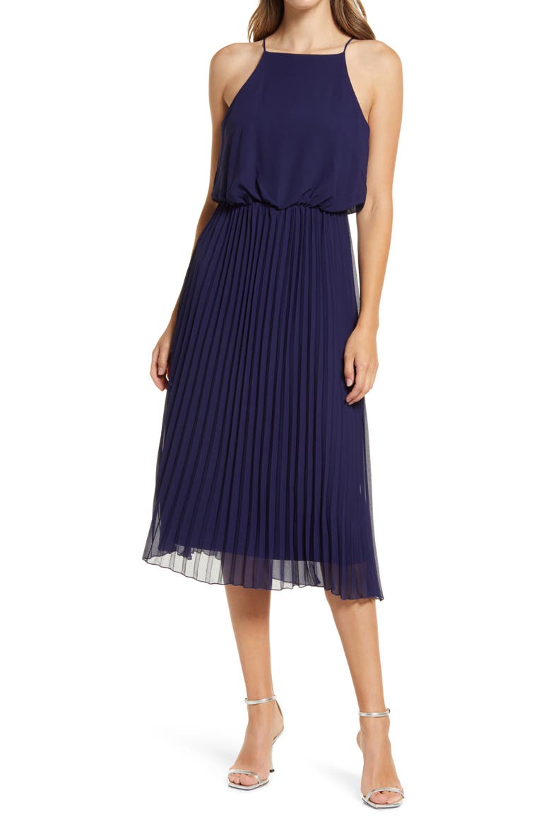 Sleeveless Pleated Midi Dress, Main, color, NAVY