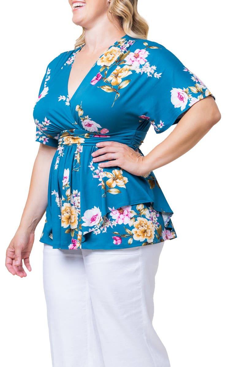 Kiyonna Encore Print Faux Wrap Top, Alternate, color, Teal Floral Print