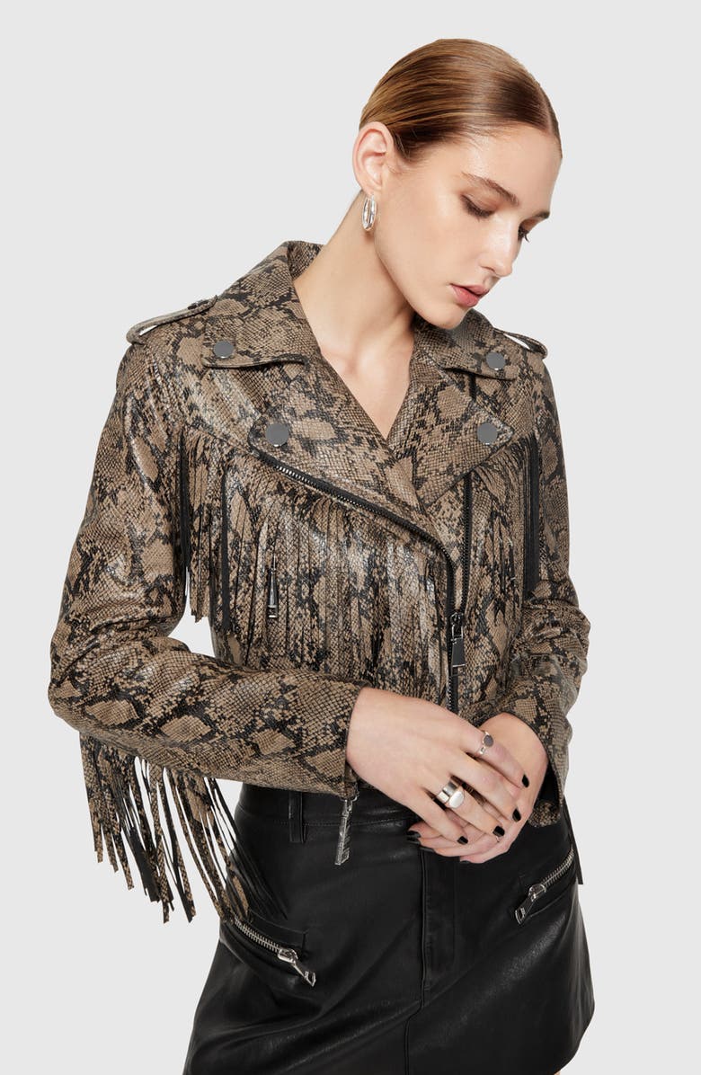Rebecca Minkoff Janis Fringe Belted Leather Moto Jacket, Alternate, color, Python Printed Foil