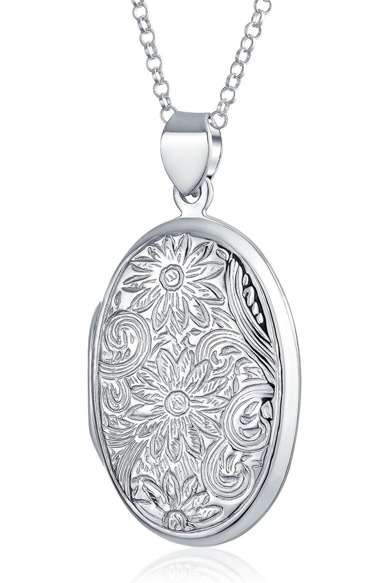 Sterling Silver Floral Locket Pendant Necklace, Main, color, SILVER