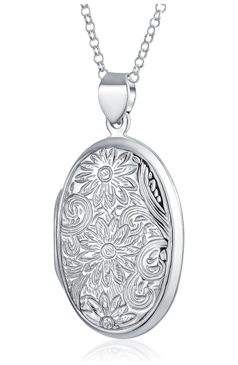 BLING JEWELRY Sterling Silver Floral Locket Pendant Necklace, Main, color, Silver