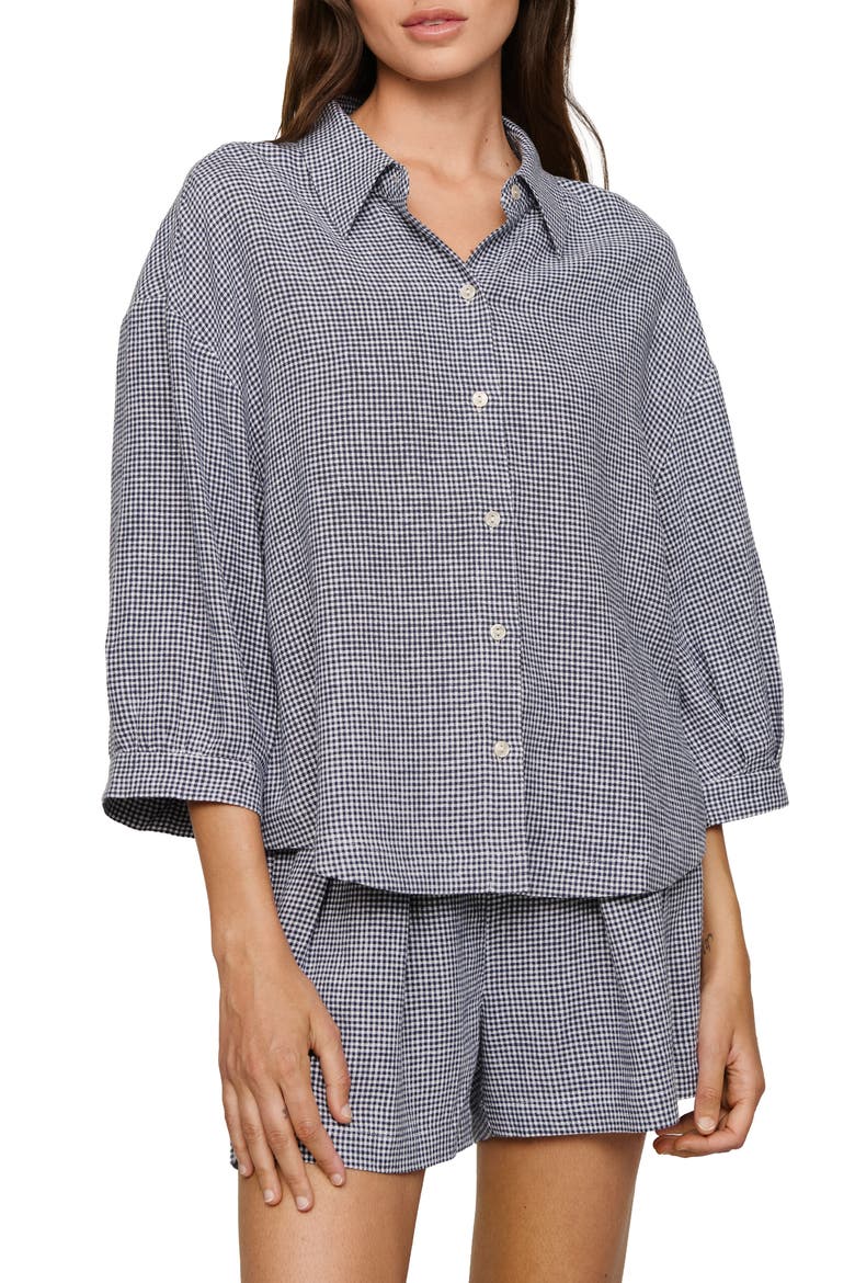 Relaxed Linen Blend Button-Up Sleep Shirt, Main, color, GINGHAM WHITE/ NAVY